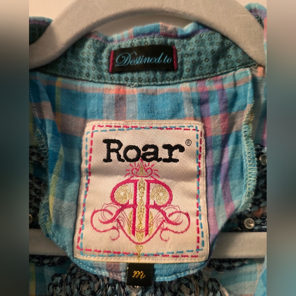 Roar Blue Plaid Button-Up Shirt with Embroidery And Riverts, Size M - Picture 6 of 13